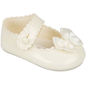 Baby Girls Ivory Button Bow Patent Pram Shoes